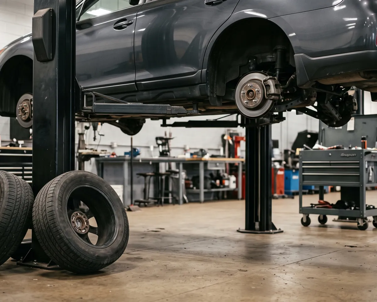 A bay in Seattle with a vehicle on the lift and all four wheels off
